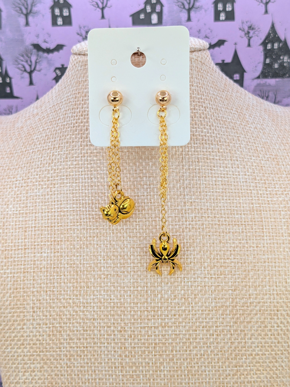 Gold Tone Asymmetrical Spider and Cat Dangle Stud Earrings